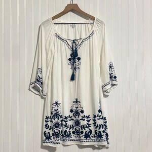 Chic Connection White Navy Embroidered Boho Tunic Dress M Tassel Peasant Coastal
